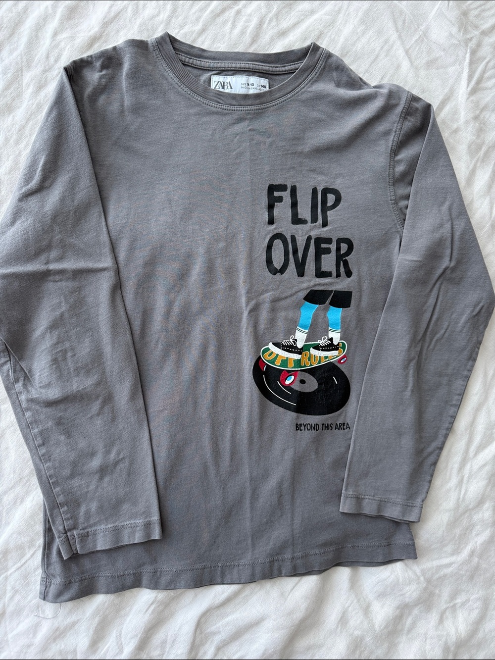 Zara Gray Long-Sleeve Tee with Skateboard Graphic